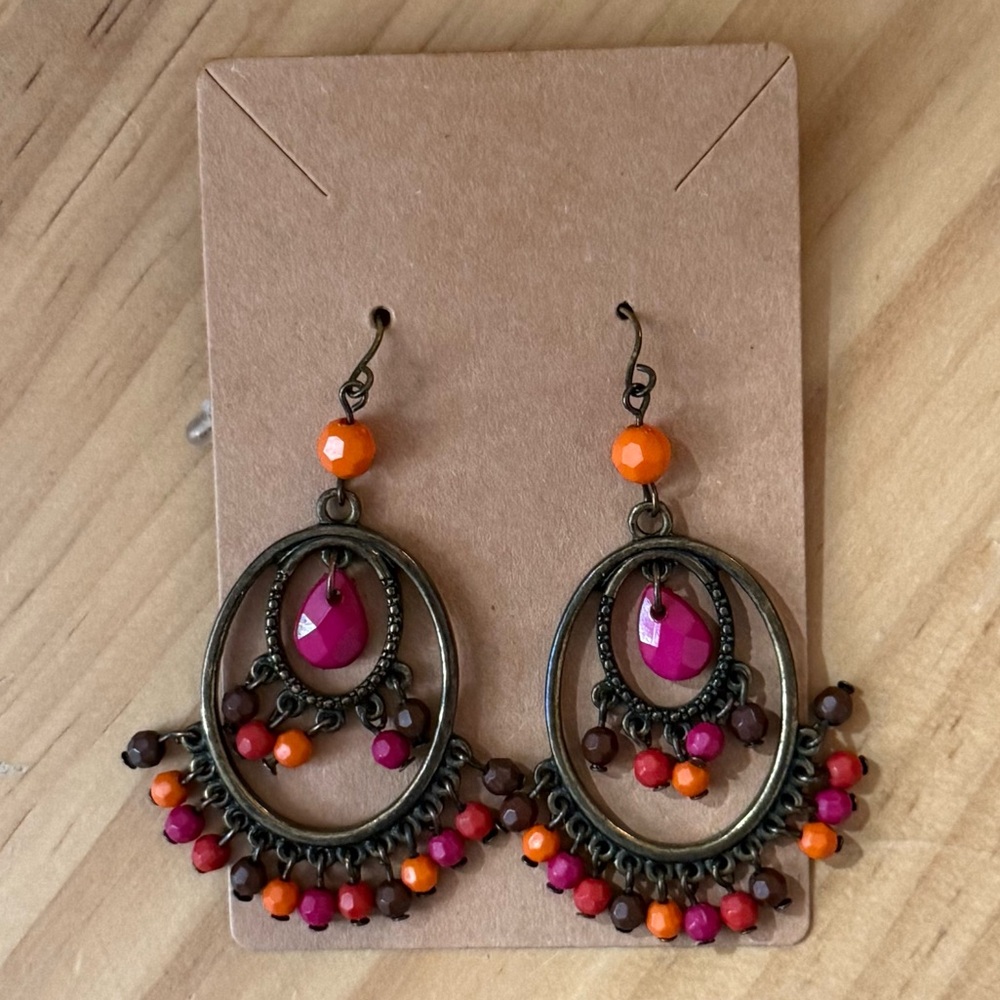 Boho Pink and Orange Beaded Dangle Bronze Drop Earrings